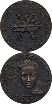 Offizielle Teilnehmermedaille Olympische Winterspiele Cortina dAmpezzo 1956. Bronze. 4,5 cm.