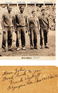 (1909-1980) Originalsignatur auf Zettel (10,5 x 5,3cm) mit Widmung "Dear  Good luck to you" von Frank Wykoff (USA). Mit dazumontiertem S/W-Magazinbild vom dreifachen Leichtathletik Olympiasieger 1928-36 ber 4x100m.