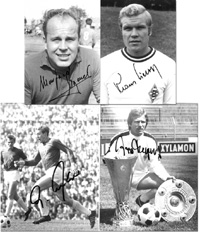 4 S/W-Pressefoto mit original Signaturen von Stars von Borussia Mnchengladbach, 22x16 bis 18x13 cm.