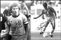 2 S/W-Pressefotos von brasilianischen Nationalspielern: Zico (Lnderspiel Brasilien-Deutschland Mrz 1982) und Bebeto (Spielszene Fuball-Weltmeisterschaft 1994). 16 x 21 cm.
