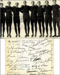 Halbe Postkarte mit Originalsignaturen von norwegischen Eisschnell-Lufern, darunter Charles Mathiesen (1911-1994: Goldmedaille 1500 Meter bei Olympischen Spielen 1936 in Garmisch-Partenkirchen), Reidar Liaklev (1917-2006: Goldmedaille 5000 Meter bei Olymp
