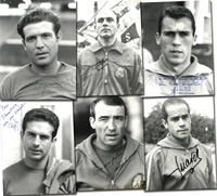 6 S/W-Pressefotos (je 16,5x21,5cm) mit Original-Signaturen von Stars des spanischen Nationalteams zwischen 1957 und 1966, davon 4 Europameister 1964.<br>-- Schtzpreis: 175,00  --