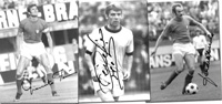 3 S/W- Pressefotos (16,5x21,5 cm) mit Original-Signaturen von Spielern der italienischen Mannschaft fr die WM 1970 in Mexiko: Sandro Mazzola (geb.1942), Pierino Prati (1946-2020) und Giacinto Facchetti (1942-2006).