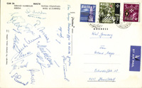 Original Postkarte geschrieben von Hans Tilkowski vom Europapokalspiel 1965 in Malta mit 13 Originalunterschriften der Spieler von Borussia Dortmund, dem spteren Europapoakalsieger 1966. 22,5x14 cm.<br>-- Schtzpreis: 75,00  --