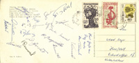 Original Postkarte geschrieben von Hans Tilkowski vom Europapokalspiel 1964 in Prag mit 18 Originalunterschriften der Spieler von Borussia Dortmund. 22x10,5 cm.<br>-- Schtzpreis: 70,00  --