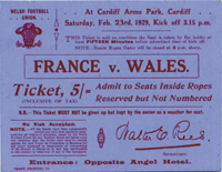 Eintrittskarte vom Rugby Lnderspiel France v Wales, 23rd Feb. 1929 in Cardiff, 11,5x9 cm.