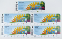 5 Eintrittskarten von deutschen Spielen bei der Fuball-Weltmeisterschaft 2014 in Brasilien. Deutschland gegen 1) Portugal, 16.6.; 2) Ghana 21.6.; 3) USA 26.6.; 4) Algerien 30.6.; 5) Frankreich 4.7.. Je 20,5x8,5 cm.