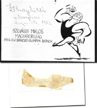 (1925-1969) Blancobeleg (10x3,5 cm) mit original Signatur von Mikls Szilvsi (HUN) aufmontiert auf Karteikarte. Goldmedaille im Ringen im Weltergewicht bei den Olympischen Spielen 1952 und Silber 1948, 15x10,5 cm.<br>-- Schtzpreis: 100,00  --