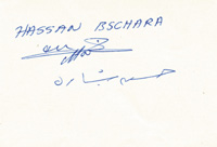 (1945-2017) Blancobeleg mit original Signatur von Hassan Ali Bechara (LEB). Bronzemedaille im Ringen (Superschwergewicht) bei den Olympischen Spielen 1980. 9,5x6,5 cm.