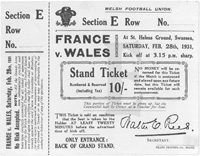 Eintrittskarte Fuball - Lnderspiel Wales v France, 28th Feb. 1931 in Swansea. Karton, 13,2x10,2 cm.