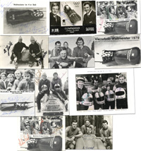 10 Autogrammkarten von erfolgreichen deutschen Bobrennfahrern von 1972 bis 1983 mit Orginalsignaturen von den Weltmeistern und Medaillengewinner bei Olympischen Spielen 1972 - 1980, 21x15,5 cm bis 15x1,5 cm.