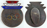 IXe Olympiade Amsterdam 1928: Concurrent. Bronze, farbig emailliert. 3,7x3,1 cm. Wunderbares Knopfloch-Abzeichen!.