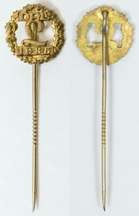 Offizielles Meisterschaftsabzeichen in Gold des DRL (Deutscher Reichsbund fr Leichtathletik) DRL L 1935 Bronze, vergoldet, 1,5 cm.<br>-- Schtzpreis: 100,00  --