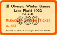 III Olympic Winter Games Lake Placid 1932 Feb 4 - 13. Standing Bleacher Season Ticket (Tribne). No. 183.<br>-- Schtzpreis: 100,00  --