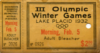 III Olympic Winter Games Lake Placid 1932 Morning, Feb 5. Adult Bleacher (Tribne). Tageskarte fr den Morgen des 5.2. fr die Olympischen Winterspiele Lake Placid 1932. Karton, 12x6 cm KOMPLETTES TICKET!.