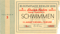 XI. Olympiade Berlin 1936: Eintrittskarte 15. August, Schwimmen, Schwimm-Stadion. Zugang: Olympisches Tor. Stehplatz 2.- RM. 10,5x7cm.<br>-- Schtzpreis: 40,00  --