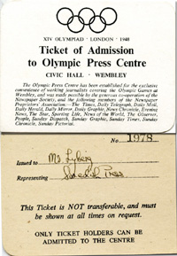 Eintrittskarte XIVth Olympiad London 1948.  Olympic Press Centre, Karton 10,5x7,5 cm.