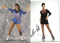 2 Farbautogrammkarte von Katarina Witt mit original Unterschrift der Olympiasiegerin im Eiskunstlaufen 1984 und 1988, 15x10,5 cm.<br>-- Schtzpreis: 40,00  --