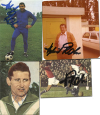 (1929-2003) Drei Sammelbilder (2x Heinerle, 1x Poly) und ein Farbfoto jeweils mit original Signatur von Helmut Rahn "Fuball - Weltmeister 1954; RWE Essen), 10x10 bis 9x6,5 cm.