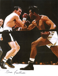 (1931-2015) Farbmagazinfoto Weltmeister im Boxen Mittelgewicht am 7.12.1964 von Gene Fullmer (USA) mit orginal Signatur, 25,5x20,5 cm.