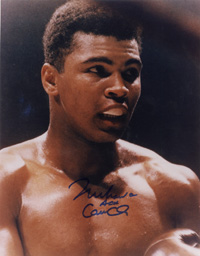 (1942-2016) Farbreprofoto mit Originalsignatur von Boxlegende Muhammad Ali (USA). Mehrfacher Schwergewichtsweltmeister und Olympiasieger 1960 im Boxen. Unterschrieben auch als Cassius Clay, 25,5x20 cm.<br>-- Schtzpreis: 150,00  --