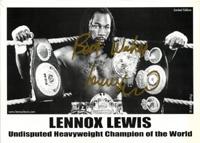 Groe Autogrammkarte mit original Signatur von Lennox Lewis (CAN). Olympiasieger im Boxen Seoul 1988 und spterer Profiweltmeister im Schwergewicht, 21x15,5 cm.<br>-- Schtzpreis: 50,00  --