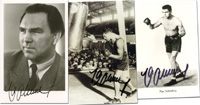 (1905-2005) 3 S/W-Autogrammkarte jeweils mit Originalsignatur von der deutschen Box-Legende und Weltmeister Max Schmeling. 14x9 cm.<br>-- Schtzpreis: 50,00  --
