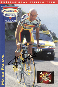 (1970-2004) Farbige Autogrammkarte (Mercatone Uno) mit Originalsignatur von Marco Pantani. Sieger der Tour de France 1998 aus Italien. 15x10 cm.<br>-- Schtzpreis: 75,00  --