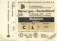 Lnderspiel Norwegen - Deutschland, 22.11.53 in Hamburg. Fuball - Weltmeisterschaft 1954 Qualifikationsspiel, 15,5x10,5. Komkplettes Ticket!.