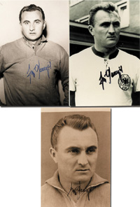 3 verschiedene Reprofotos von Jupp Posipal (1927-1997; Deutschland) und einem Brief. Weltmeister bei der Fuball Weltmeisterschaft 1954 und Legende des Hamburger SV. Alle mit original Signatur, je 15x10 cm.<br>-- Schtzpreis: 60,00  --