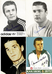 (1924-2013) 3 verschiedene Autogrammkarten und ein Farbreprofoto von Ottmar Walter (Deutschland). Weltmeister bei der Fuball Weltmeisterschaft 1954 und des 1.FC kaiserlautern. Alle mit original Signatur, je 15x10 cm.<br>-- Schtzpreis: 50,00  --