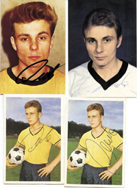 (1943-1996) 4 Sammelbilder (3x Bergmann, 1x Poly) mit original Signatur von Reinhard "Stan" Libuda (6 A-DFB Lnderspiele, Schalke o4, Borussia Dortmund). 10x7 bis 9,5x6,5 cm.<br>-- Schtzpreis: 50,00  --