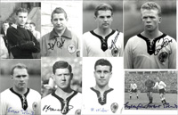 8 S/W- Pressefotos mit original Signaturen von Nationalspieler von Deutschland (DFB) die an der Fuball - Weltmeisterschaft 1958 teilgenommen haben, 21x16,5 bis 18x12,5 cm.