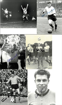 6 S/W- Pressefotos mit original Signaturen von Spieler von Borussia Dortmund von 1963 - 1966, 21x16,5.<br>-- Schtzpreis: 130,00  --