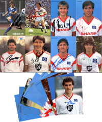 17 Autogrammkarten der Bundesligasaison 1985-1989 von "Sharp" und "BP", jeweils original signiert von damaligen HSV-Spielern. Je 15x10,5cm.