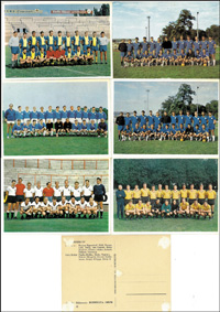 7 verschiedene Farb-Mannschaftspostkarten Bundesliga 1965/66 von Bergmann. Je 10,6x15cm, Pappe.