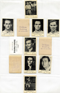 57 verschiedene Einzelbilder Oberligaspieler 1952 grtenteils mit Aufdruck oder Stempel auf der Rckseite "Heidhorn-Pudding". Papier, Je 5,5x4 cm.<br>-- Schtzpreis: 50,00  --