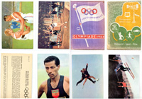50 farbige Karten der Serie Olympiade 1964 (Sommer- und Winterspiele) und zwei original Tten von "J&M" (Julius  Meyer).