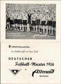 "Borussia Dortmund Deutscher Fuballmeister 1956 in Allround Sporthosen". Werbeprospekt der Firma "Allround" aus dem Jahre 1956.<br>-- Schtzpreis: 40,00  --