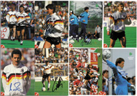 8 farbige Fotoautogrammkarten der Firma "Ligra" vom Fuball - Weltmeister 1990 Deutschland. Alle original signiert!. Karton, 15x10,5 cm.<br>-- Schtzpreis: 50,00  --