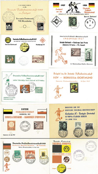 10 verschiedene Sonderkarten mit Sonderstempeln Deutsche Fuball-Meisterschaft, Endspiele" von 1949 bis 1963 jeweils mit Borussia Dortmund. Je 15x11 cm.<br>-- Schtzpreis: 125,00  --