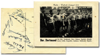 Original S/W-Postkarte "Berlin - Fussball-Endspiel 1956. Borussia Dortmund" vom Endspiel um die deutsche Fussballmeisterschaft Borussia Dortmund - Karlsruher SC am 24.Juni 1956 in Berlin. Rckseite mit 9 Originalsingaturen der Meistermannschaft. 15x10,5 cm