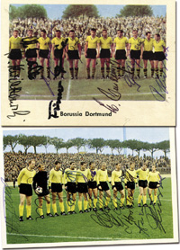 2 Sammelbilder mit Borussia Dortmund. "Heinerle" mit "Die Mannschaft von Borussia Dortmund" mit 8 Originalsignaturen des Teams als Westzweiter von 1961 und "Bergmann-Automatenserie" 1967/68 mit 9 original Signaturen. Je 9x6,5cm.