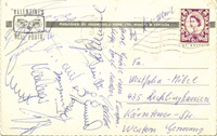 Original Postkarte geschrieben von Siggi Held vom Europapokalspiel 1966 in England mit 13 Originalunterschriften der Spieler von Borussia Dortmund. 22x10,5 cm.<br>-- Schtzpreis: 60,00  --