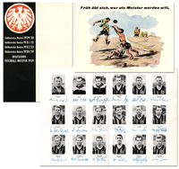 Zwei Teamkarten von Eintracht Frankfurt mit den Kpfen der Spieler der Saison 1964/65 und 1965/66 mit faksimilierten Unterschriften.