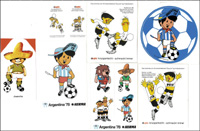 6 verschiedene Aufkleber und zwei Werbesticker von den offiziellen Maskottchen der Fuball Weltmeisterchaften 1970, 1974 und 1978, 12x12 cm bis 6x3 cm.