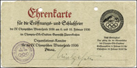Ehrenkarte fr die Erffnungs- und Schlufeier der IV.Olympischen Winterspiele Garmisch-Partenkirchen am 6. und 16.Februar 1936.  19,5x9,5 cm.<br>-- Schtzpreis: 380,00  --