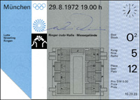 (1933-1992). Original Eintrittskarte fr Ringen von den Olympischen Spielen 1972 mit Originalsignatur von der Ringerlegende Wilfried Dietrich (GER), der 1972 den 5.Platz belegte. Er gewann von 1956 - 1968 fnf Medaillen im Ringen: 1956 Silber, 1960 Gold +