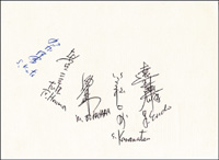 Karteikarte 4 original Signaturen der Goldmedaillengewinner im Turnen von Japan bei den Olympischen Spielen 1972: Sawao Kato (insgesamt 12 Medaillen von 1968-1976, 8x Gold,  3x Silber, 1x Bronze); Shigeru Kasamatsu (Gold 1972), Mitsuo Tsukahara (1968-1972