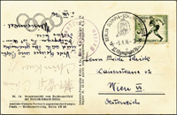 (1915-1937) Postkarte von den Olympischen Spielen Berlin 1936 mit Sonderstempel und Sondermarke. Mit original Signatur von Chin Kuai-ti (CHN), der erste chinesische Boxer bei Olympischen Spielen berhaupt war. 14,5x9,5 cm.<br>-- Schtzpreis: 40,00  --